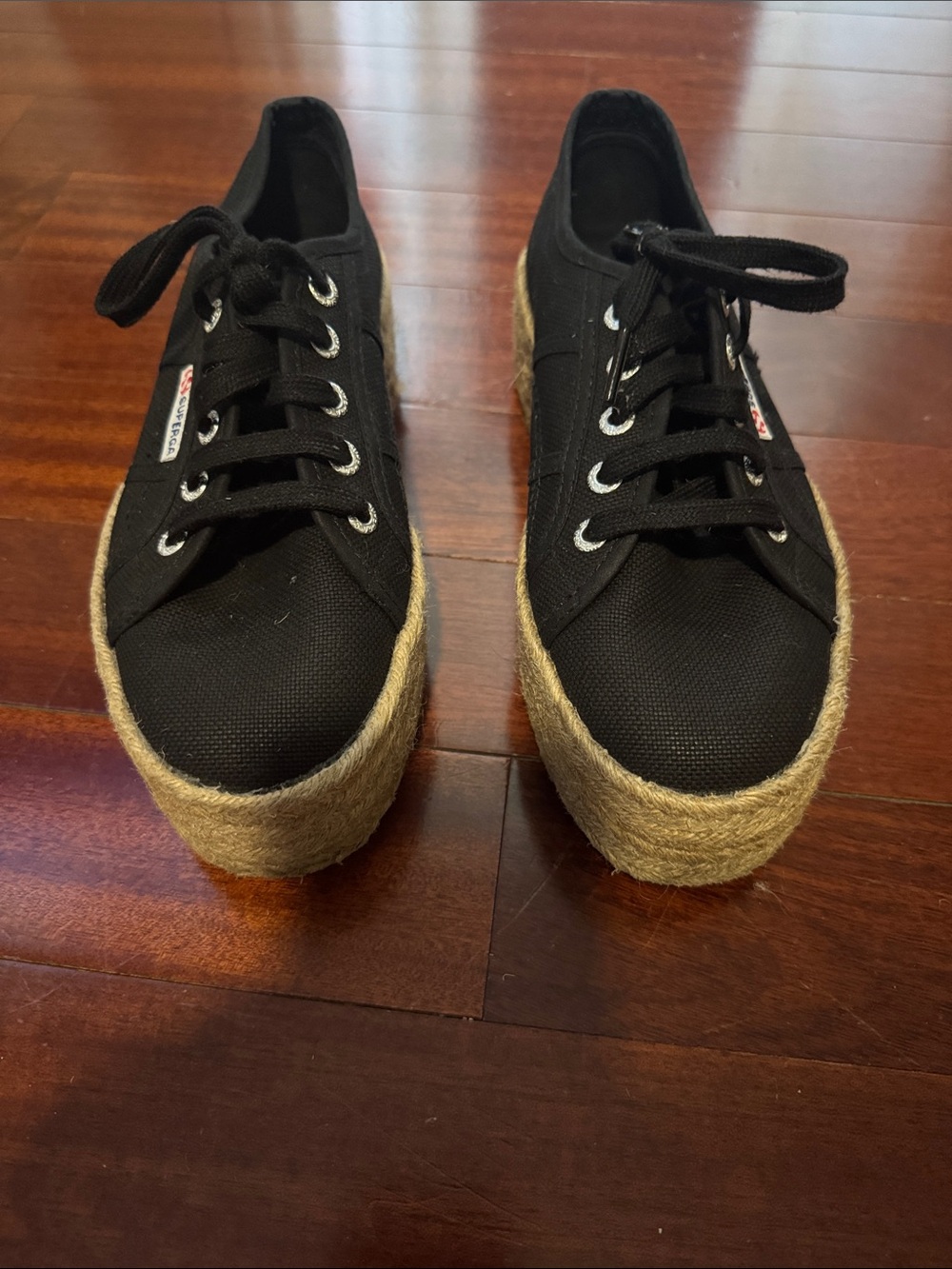 Superga Black Canvas Platform Espadrilles with Jute Wrap 37.5/7.5